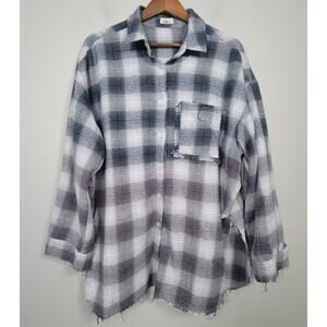 POL Button Up Shirt Womens M Oversized Plaid Raw Hem Long Sleeve Cotton